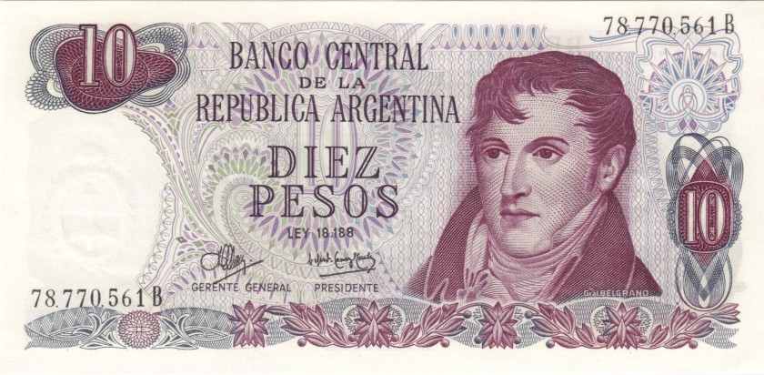 Argentina P289(4) 10 Pesos Serie B 1970-1973 UNC