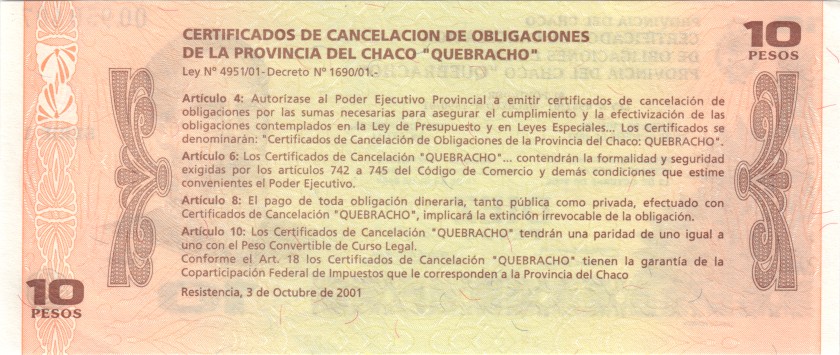 Argentina PSNL 10 Pesos Chaco Province 2003 UNC