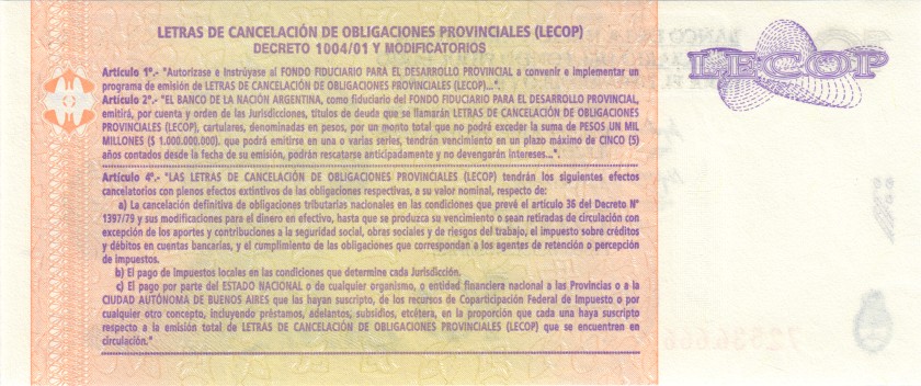 Argentina PSNL 10 Pesos LECOP 2006 UNC