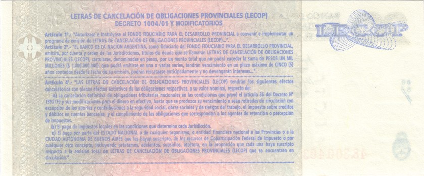 Argentina PSNL 20 Pesos LECOP 2006 UNC