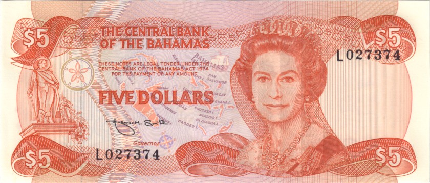 Bahamas P45b 5 Dollars 1974 UNC
