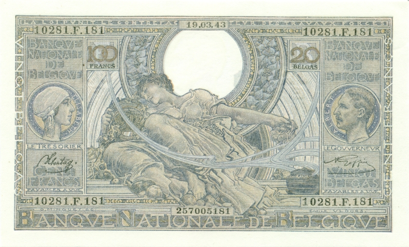 Belgium P107(4) 100 Francs / 20 Belgas 19.03.1943 UNC