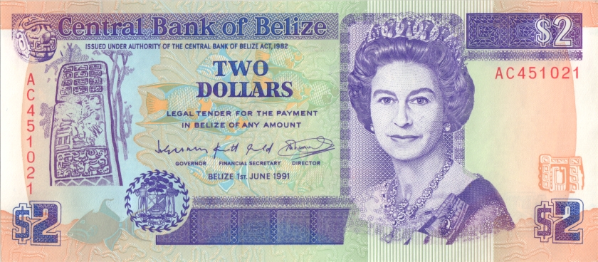 Belize P52b 2 Dollars 1991 UNC