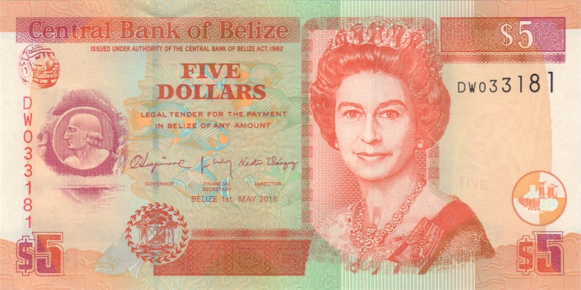 Belize P67g 5 Dollars 2016 UNC