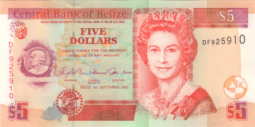 Belize P67c 5 Dollars 2007 UNC