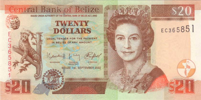 Belize P69h 20 Dollars 2022 UNC