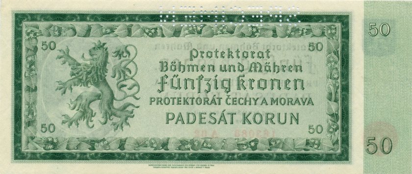 Bohemia and Moravia P5s SPECIMEN 50 Kronen / Korun 1940 AU