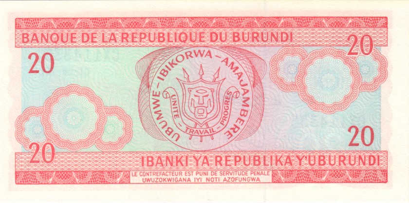 Burundi P27d 20 Francs / Amafranga 2001 UNC