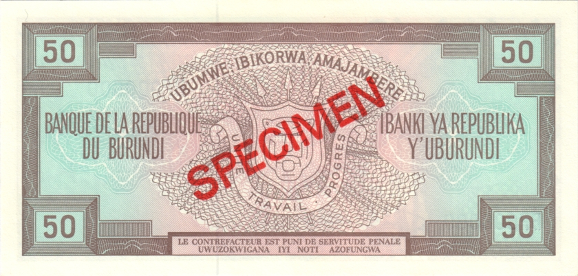 Burundi P28b SPECIMEN 50 Francs / Amafranga 1983 UNC