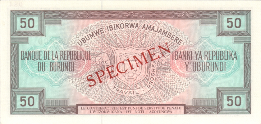 Burundi P28c SPECIMEN 50 Francs / Amafranga 1993 UNC