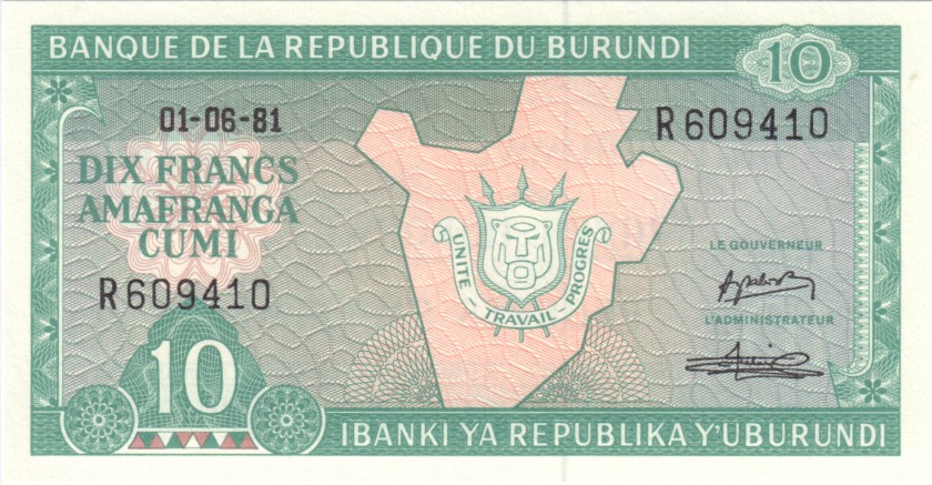 Burundi P33a 10 Francs / Amafranga 1981 UNC
