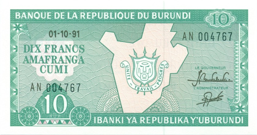 Burundi P33b 10 Francs / Amafranga 1991 UNC