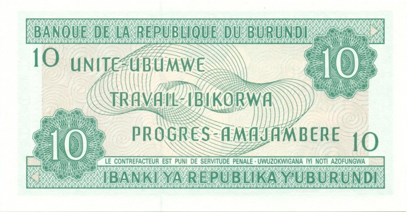 Burundi P33b 10 Francs / Amafranga 1989 UNC