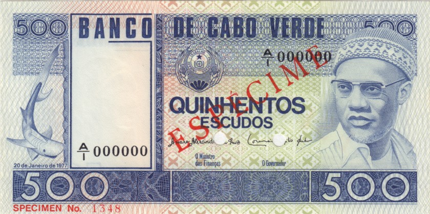 Cape Verde P55s SPECIMEN 500 Escudos 1977 UNC