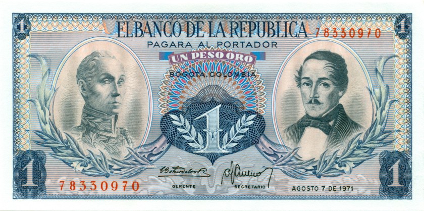 Colombia P404e 1 Peso Oro 1972 UNC