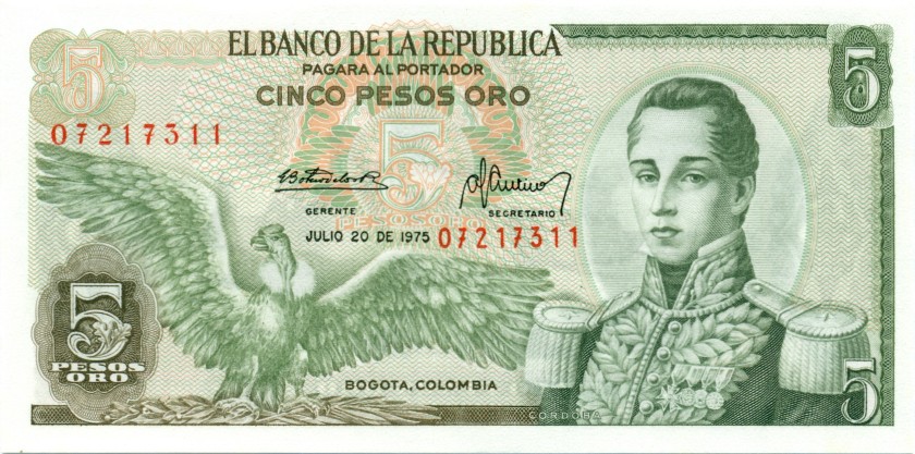Colombia P406e 5 Pesos Oro 1975 UNC