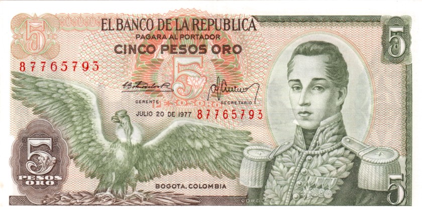 Colombia P406e 5 Pesos Oro 1977 UNC