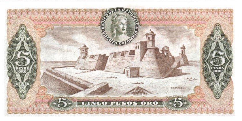 Colombia P406e 5 Pesos Oro 1977 UNC