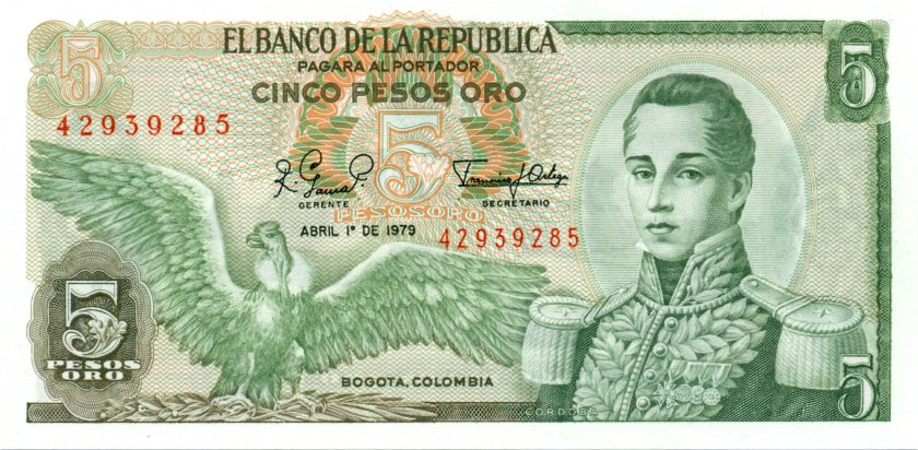 Colombia P406f 5 Pesos Oro 1979 UNC