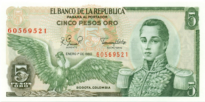Colombia P406f 5 Pesos Oro 1980 UNC