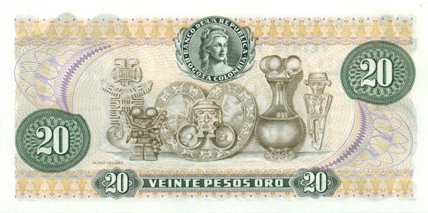Colombia P409d 20 Pesos Oro 1983 UNC