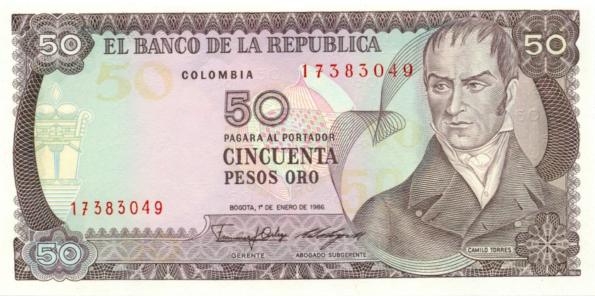 Colombia P425b 50 Pesos Oro 1986 UNC