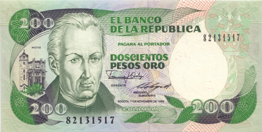 Colombia P429d 200 Pesos Oro 1988 UNC