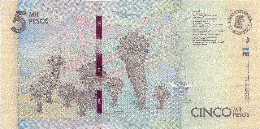 Colombia P459b 5.000 Pesos 2016 UNC
