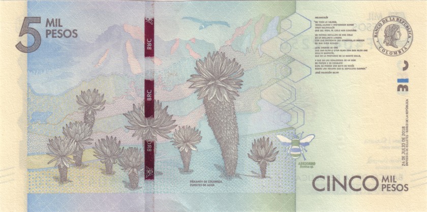 Colombia P459d 5.000 Pesos 2018 UNC