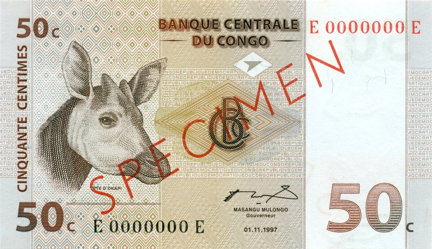 Congo Democratic Republic P84As SPECIMEN 50 Centimes 1997 UNC