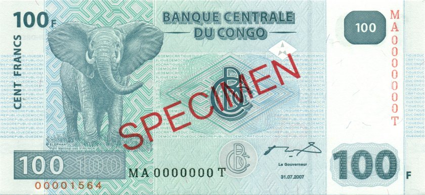 Congo Democratic Republic P-NEWs SPECIMEN 100 Francs 2007 UNC