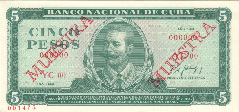 Cuba P103ds SPECIMEN 5 Pesos 1988