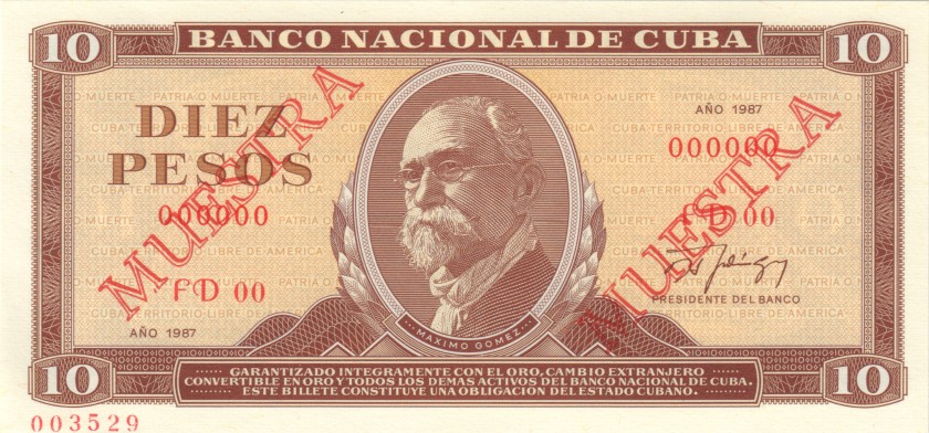 Cuba P104cs SPECIMEN 10 Pesos 1987 UNC
