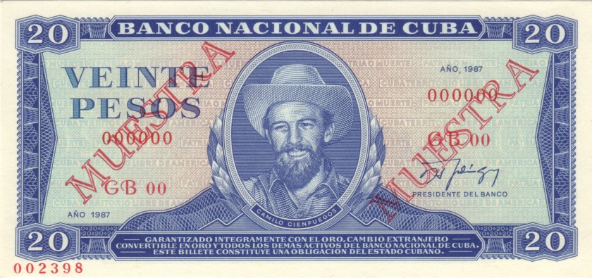 Cuba P105ds SPECIMEN 20 Pesos 1987 UNC