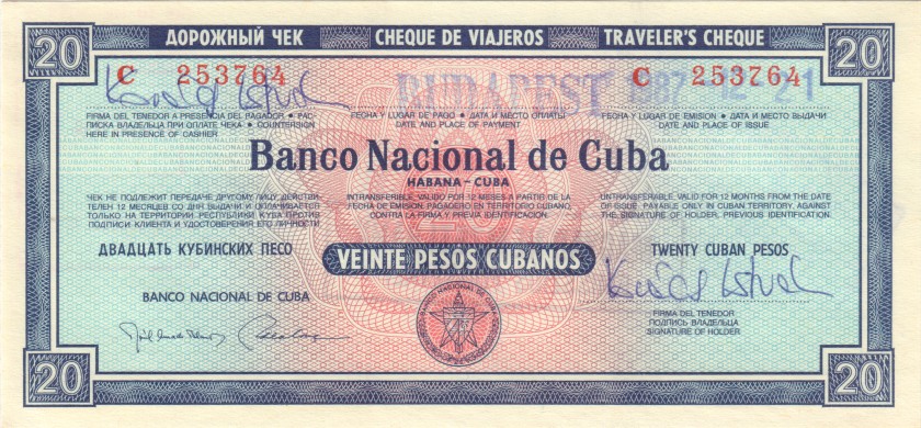 Cuba PNL 20 Pesos Traveller's cheque 1987
