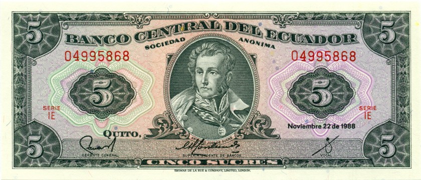 Ecuador P113d 5 Sucres Serie IE 1988 UNC