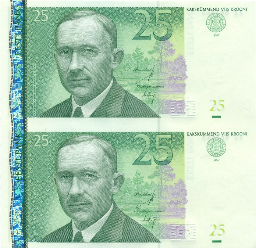 Estonia P87b REPLACEMENT 2 uncut notes 25 Krooni 2007 UNC