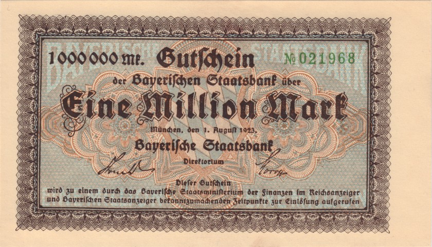 Germany Bavaria Bayerische Staatsbank Green serial 1.000.000 Mark 1923 AU