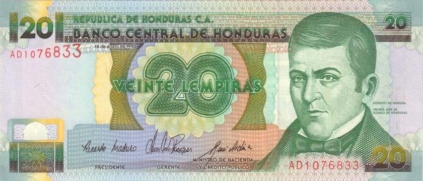 Honduras P73a 20 Lempiras 1993 UNC