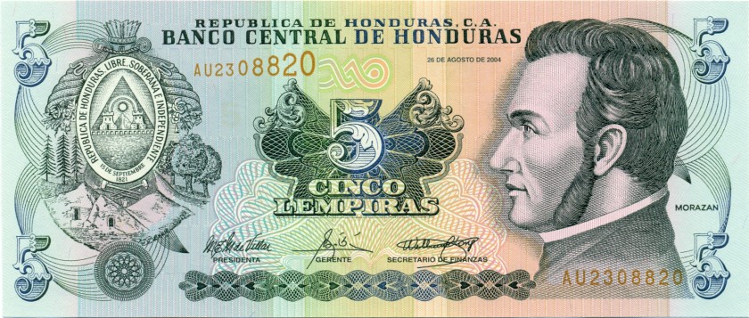 Honduras P85d 5 Lempiras 2004 UNC