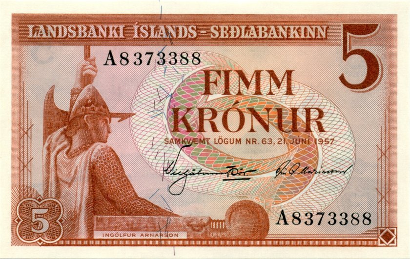 Iceland P37b 5 Kronur 1957 UNC