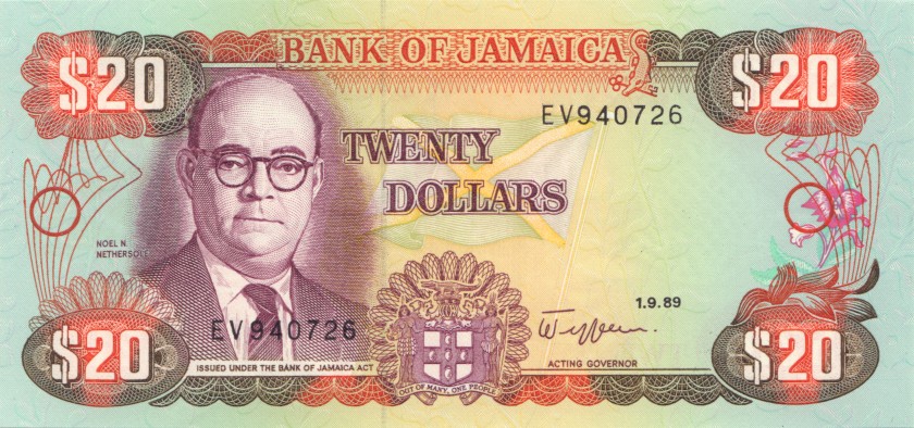 Jamaica P72c 20 Dollars 1989 UNC