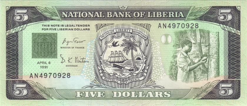 Liberia P20 5 Dollars 1991 UNC