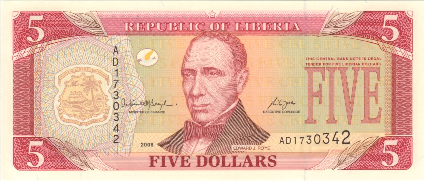Liberia P26d 5 Dollars 2008 UNC