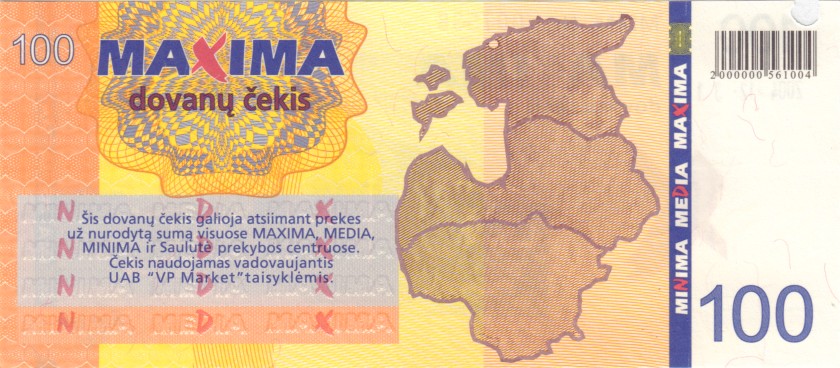Lithuania PNL MAXIMA 100 Litas Black date 31.12.2004 AU/UNC