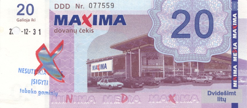 Lithuania PNL MAXIMA 20 Litas Black date 31.12.2004 AU/UNC