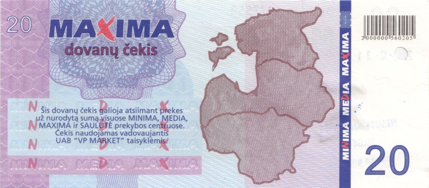Lithuania PNL MAXIMA 20 Litas Black date 31.12.2004 AU/UNC