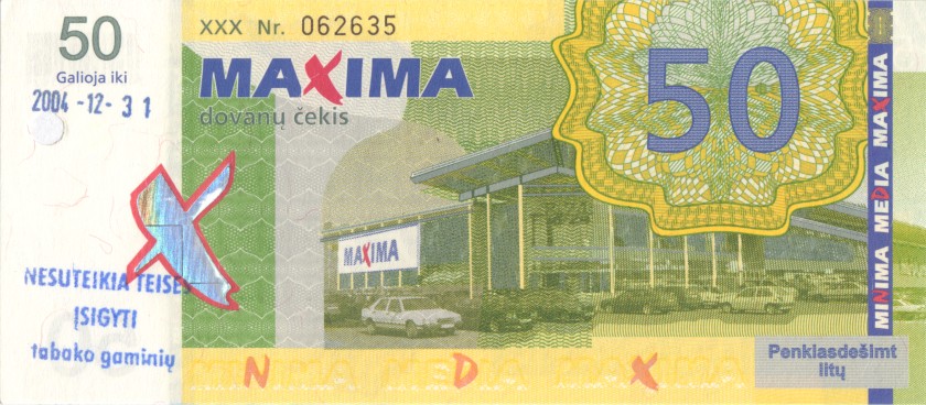 Lithuania PNL MAXIMA 50 Litas Blue date 31.12.2004 AU/UNC