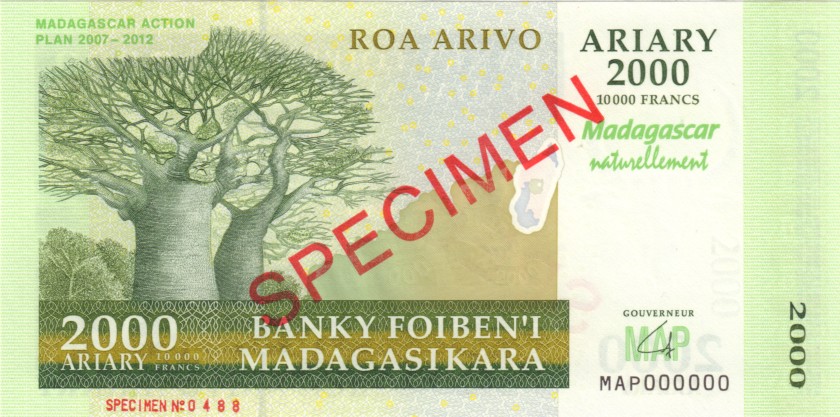 Madagaskar P93s SPECIMEN 10.000 Franków (2.000 Ariary) 2007 UNC