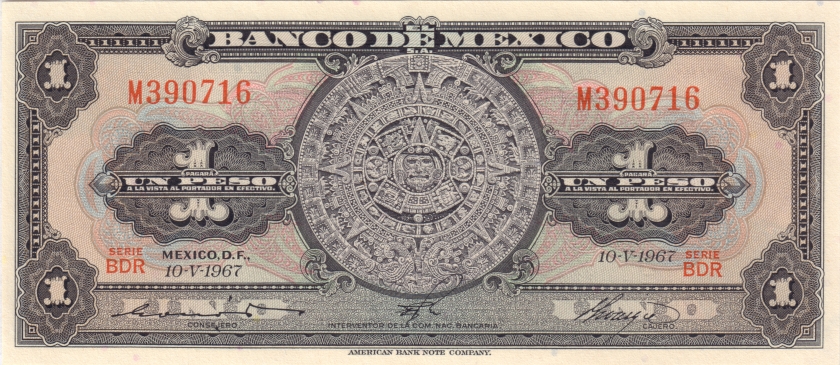 Mexico P59j 1 Peso Serie BDR 1967 UNC